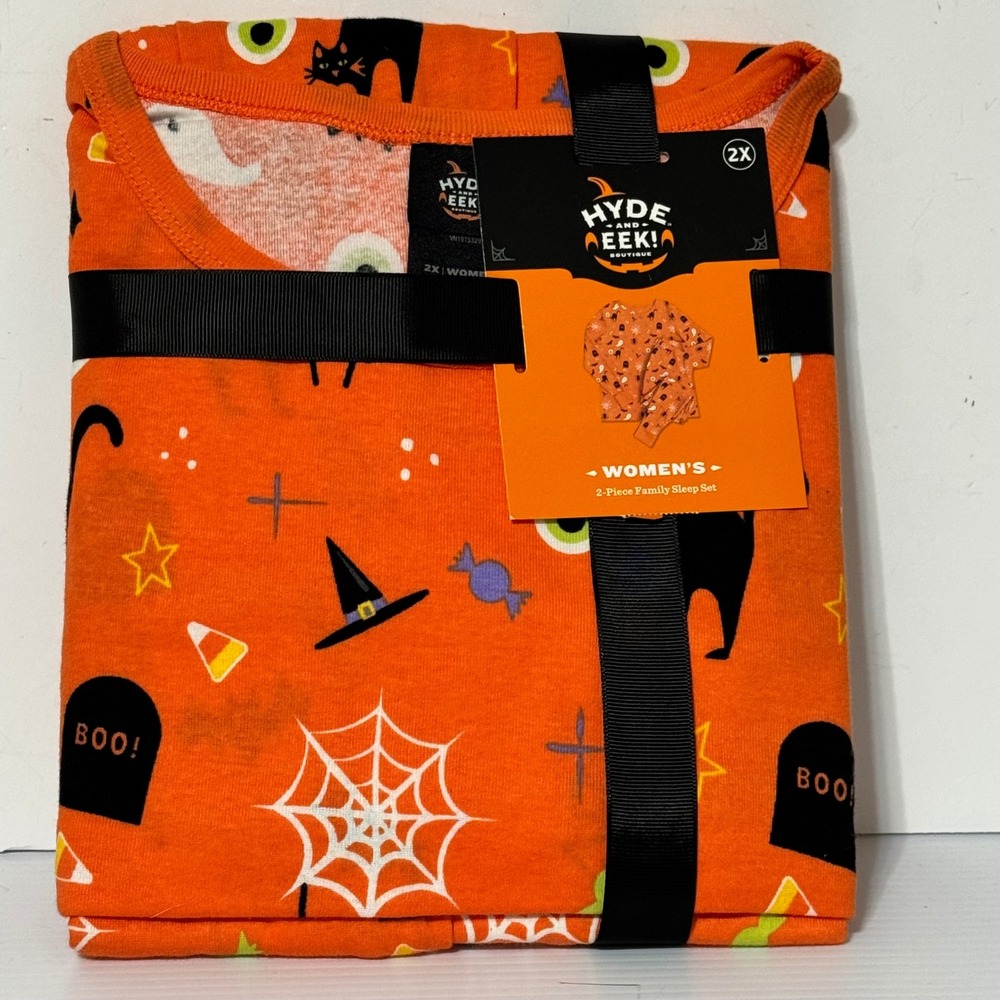 Hyde & EEK Boutique Halloween Pajamas Set 2X Women Orange Cotton Cats Ghosts New